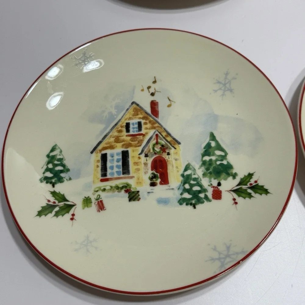 4 LENOX Christmas Dessert Plates Holiday Inspirations Illustrations Set Scenes